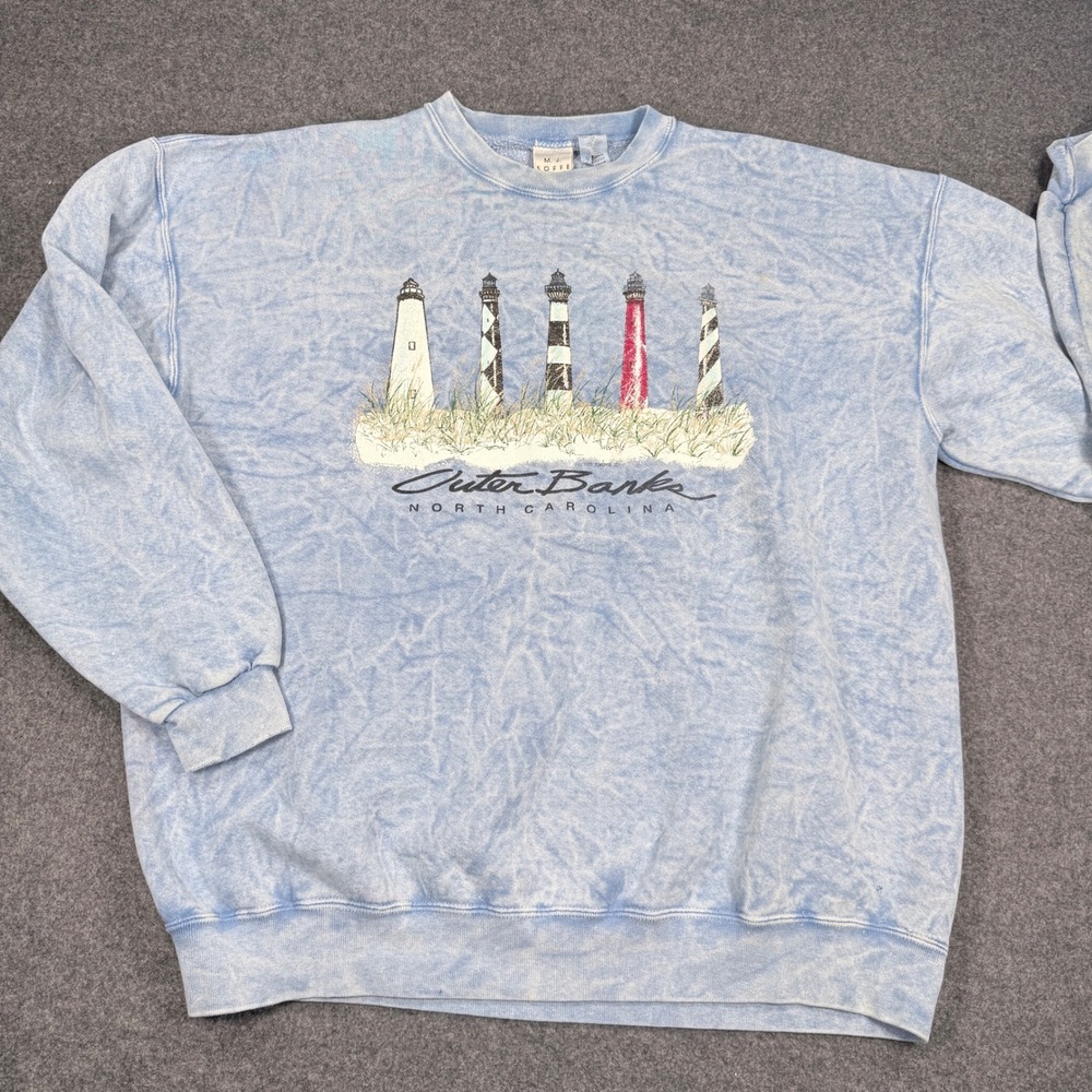 Vintage MJ Soffe Outer Banks NC Lighthouse Sweatshirt Blue Acid Wash XL